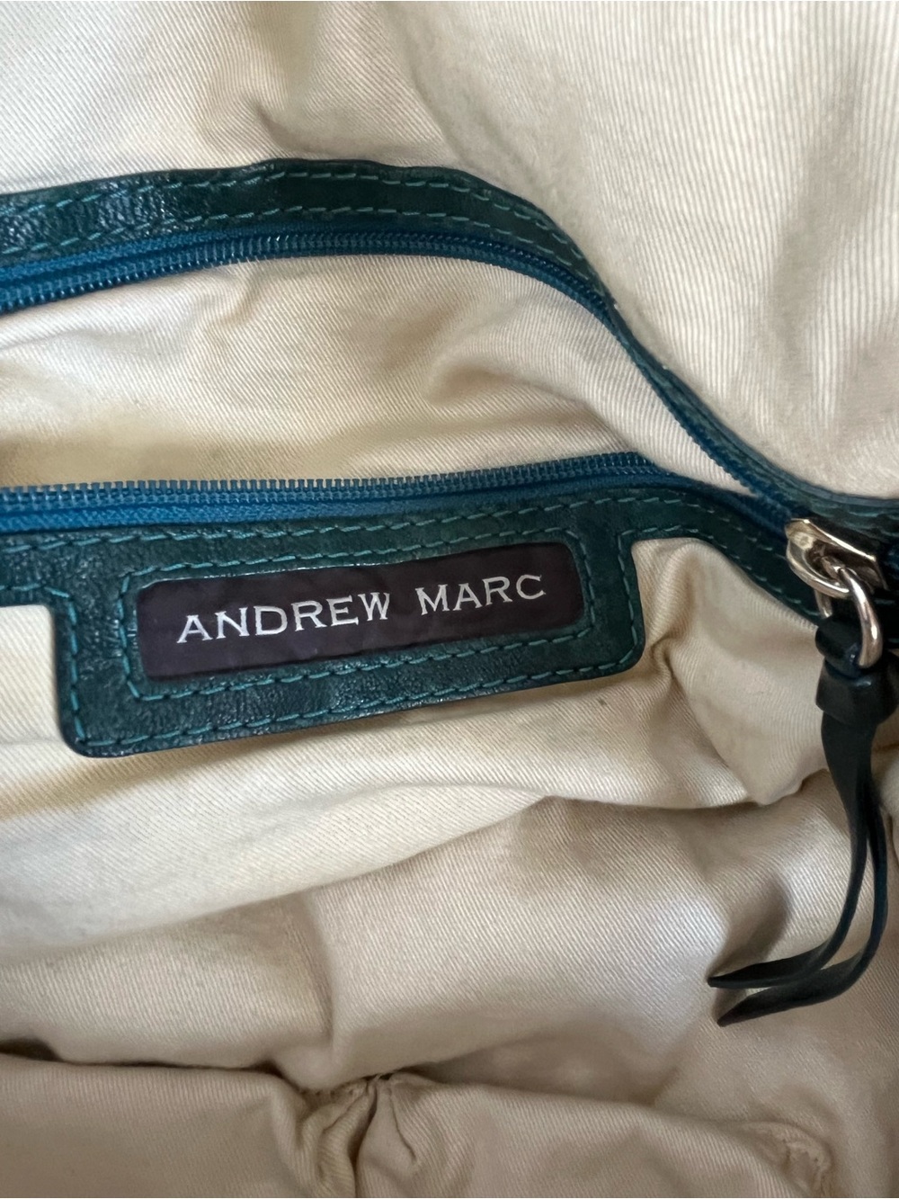 Andrew Marc Distressed Leather Slouch Tote | Oversized Hobo Bag | Teal Color - Picture 7 of 8